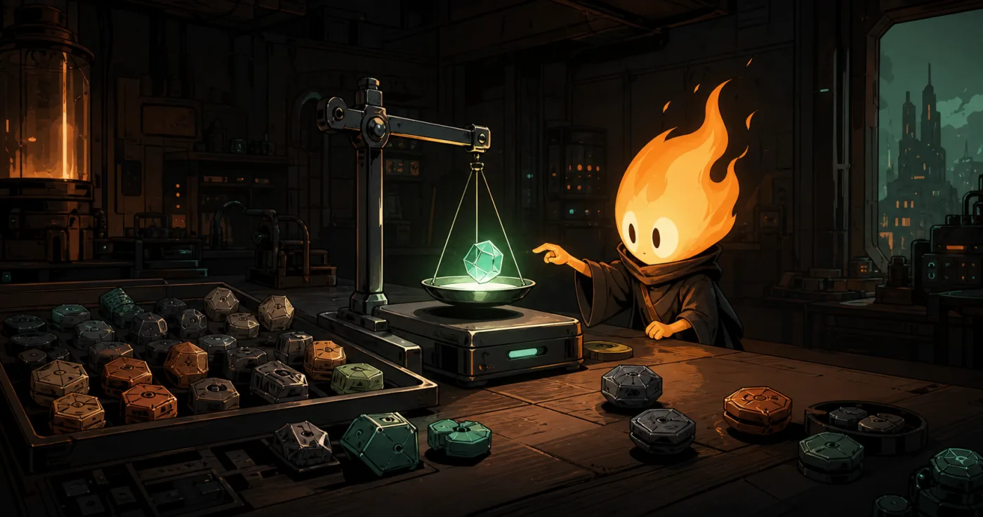 Burneo, the TokenHunger flame guide, weighing model tokens on a precise scale.